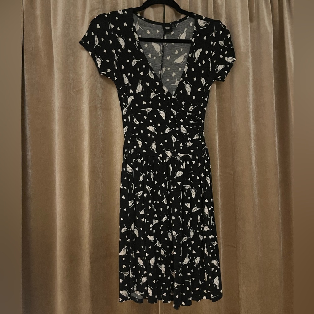 ASOS Black Skater Dress White Birds & Hearts
